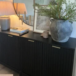 Mid-Century Large Fluted Credenza Console Table Black Oak (Set of 4)
