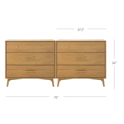 Mid-Century Modern Acacia 3 Drawer Dresser Set of 2