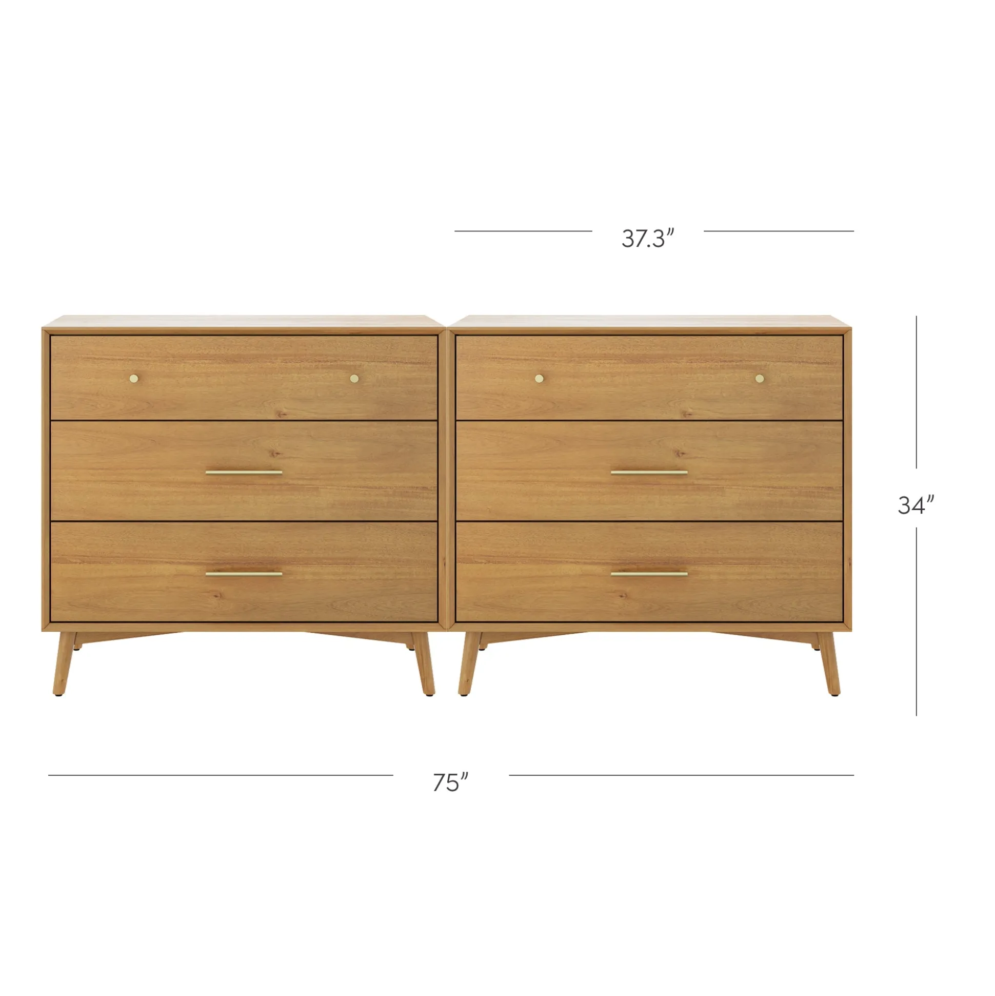 Mid-Century Modern Acacia 3 Drawer Dresser Set of 2