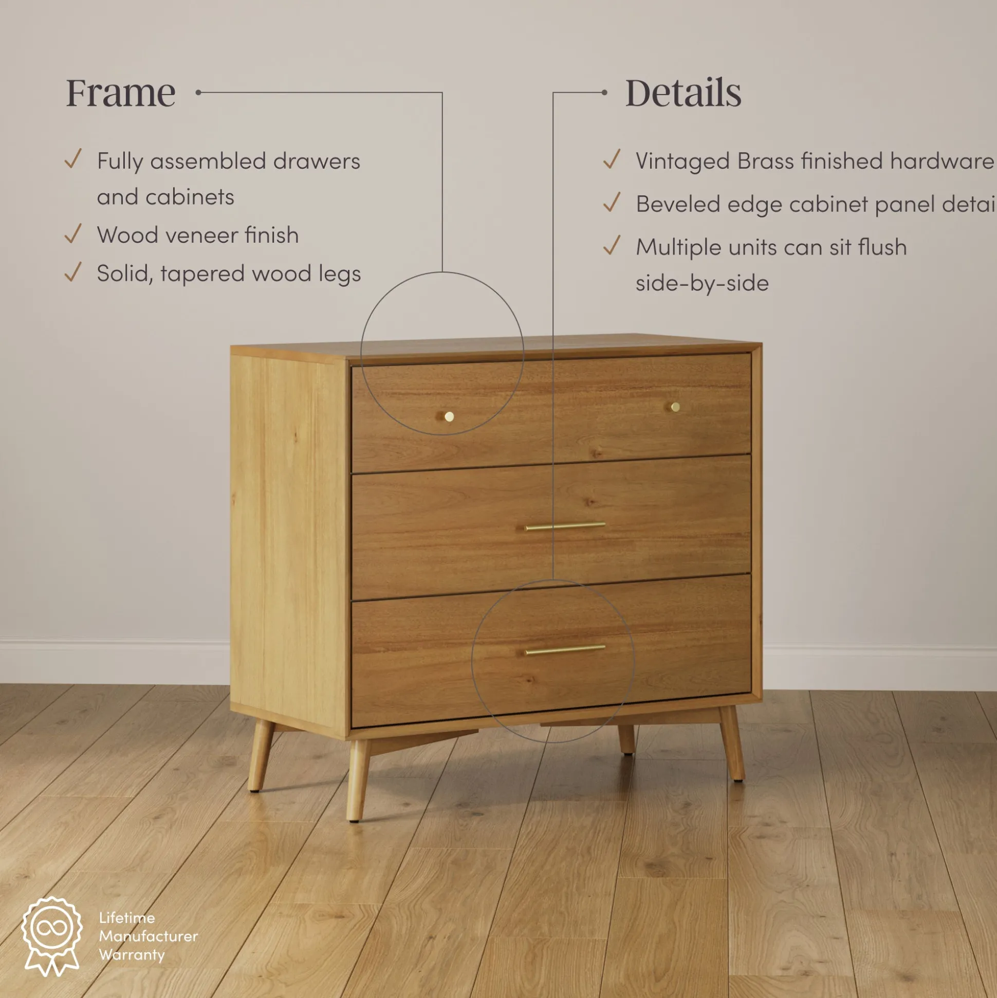 Mid-Century Modern Acacia 3 Drawer Dresser Set of 2