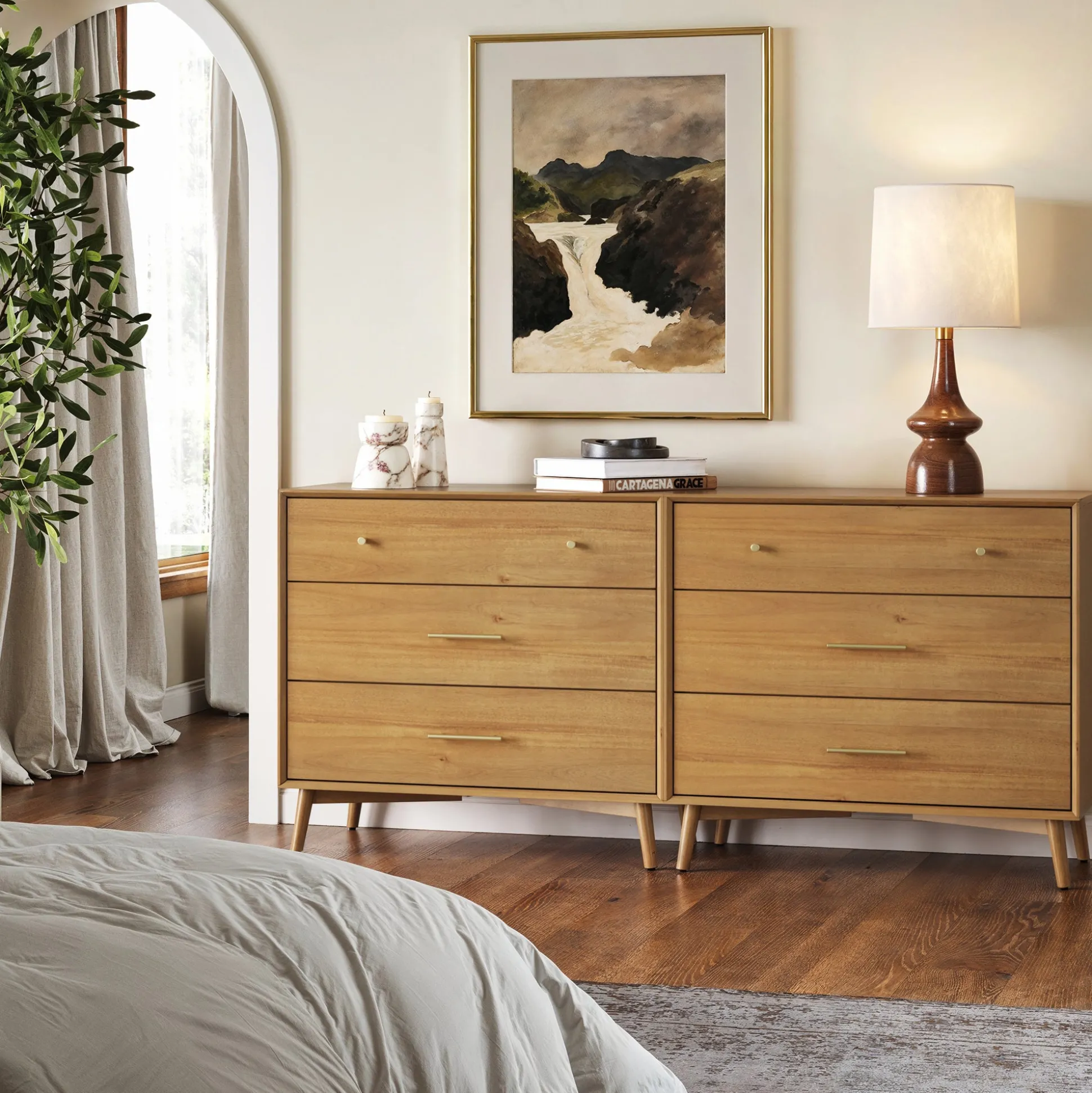Mid-Century Modern Acacia 3 Drawer Dresser Set of 2