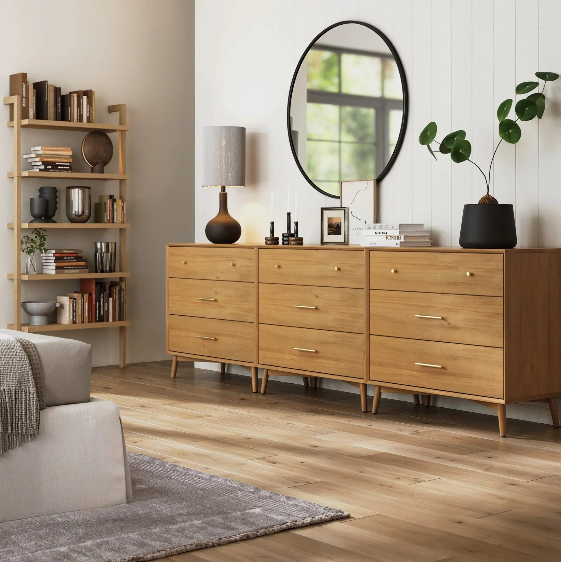 Mid-Century Modern Acacia 3 Drawer Dresser Set of 3