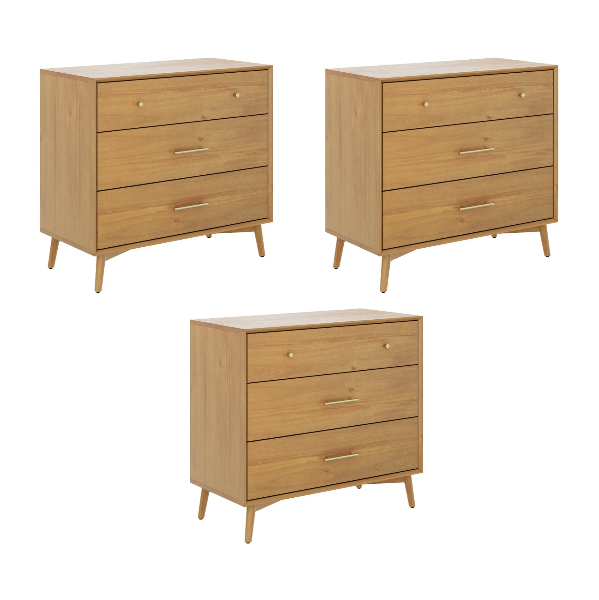 Mid-Century Modern Acacia 3 Drawer Dresser Set of 3