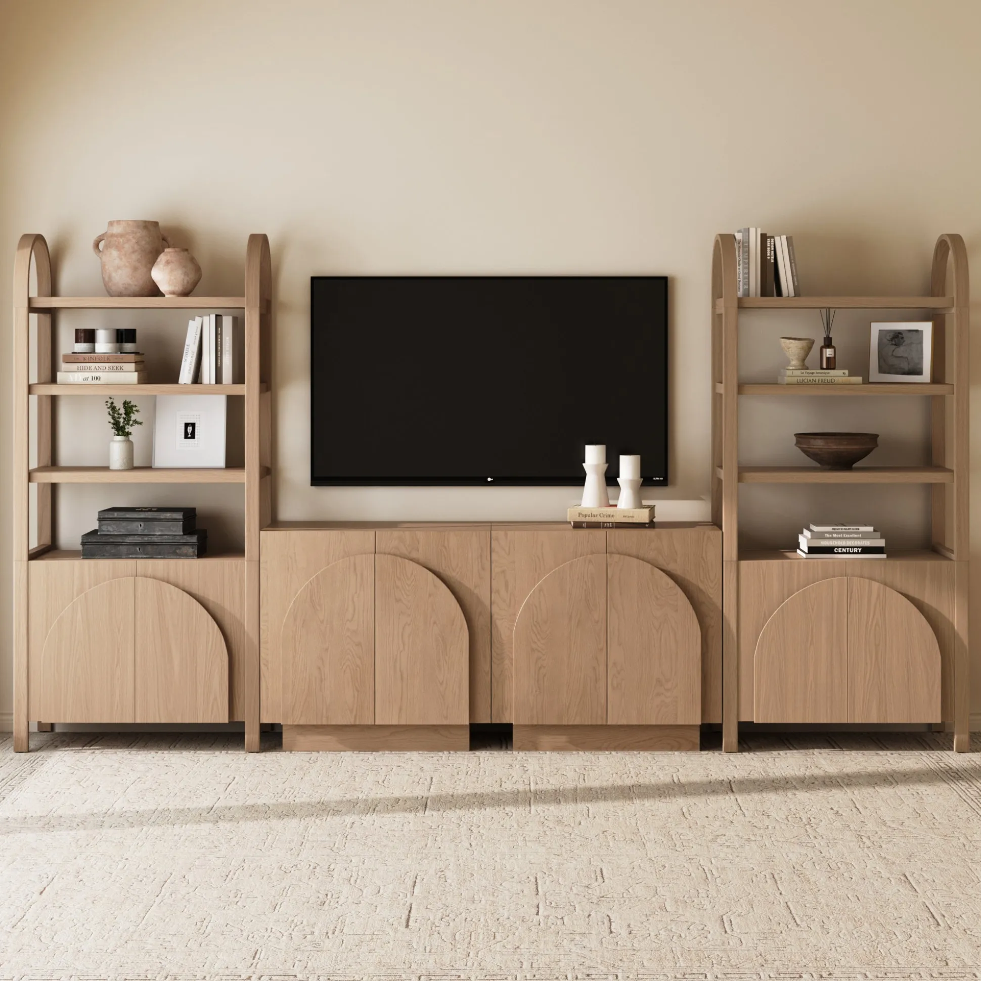 Mid-Century Modern Arched Wood Entertainment Center Oak (2 Cabinets)