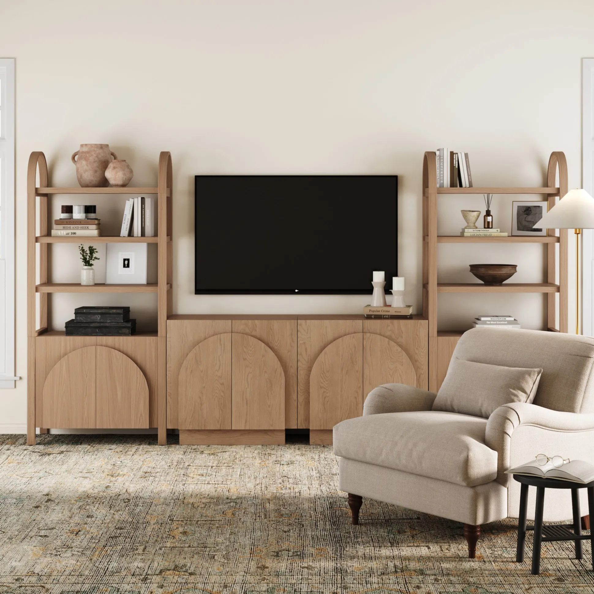 Mid-Century Modern Arched Wood Entertainment Center Oak (2 Cabinets)