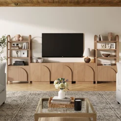 Mid-Century Modern Arched Wood Entertainment Center Oak (3 Cabinets)