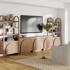 Mid-Century Modern Arched Wood Entertainment Center Oak (3 Cabinets)