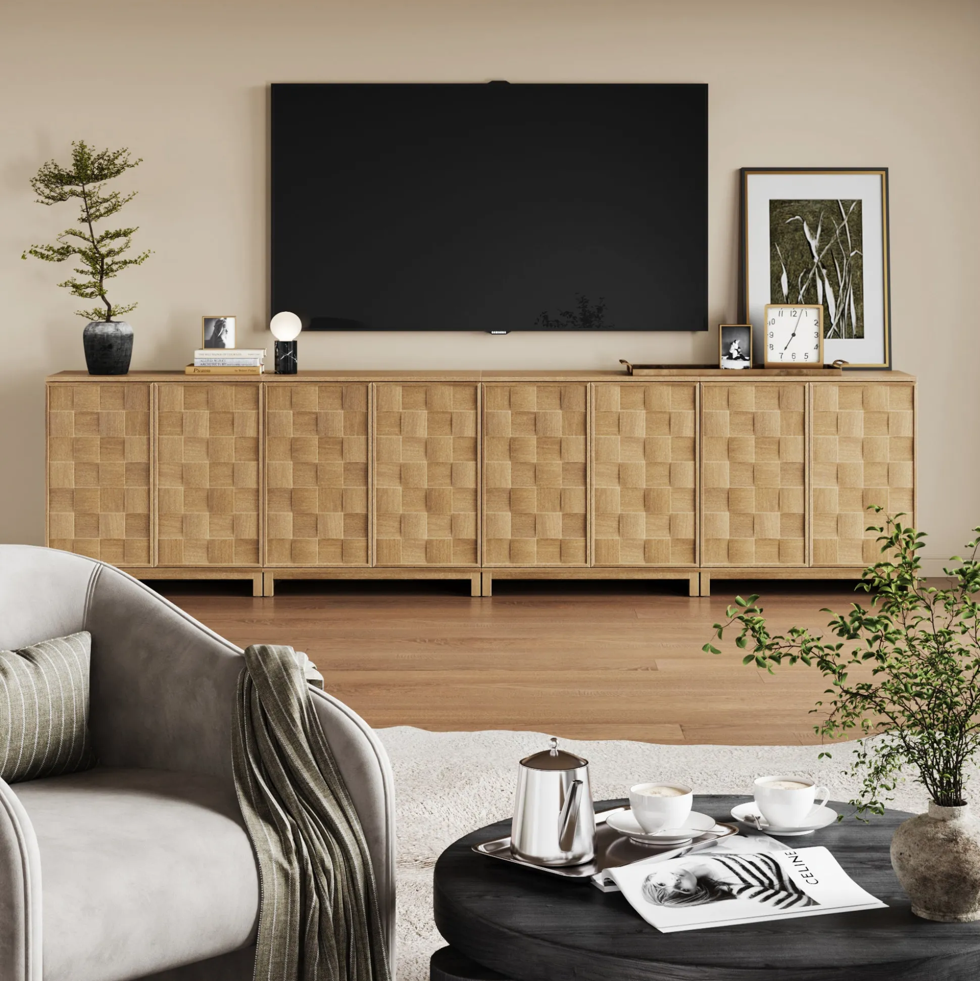 Mid Century Modern Bar Cabinet Credenza with Doors (Set of 4)