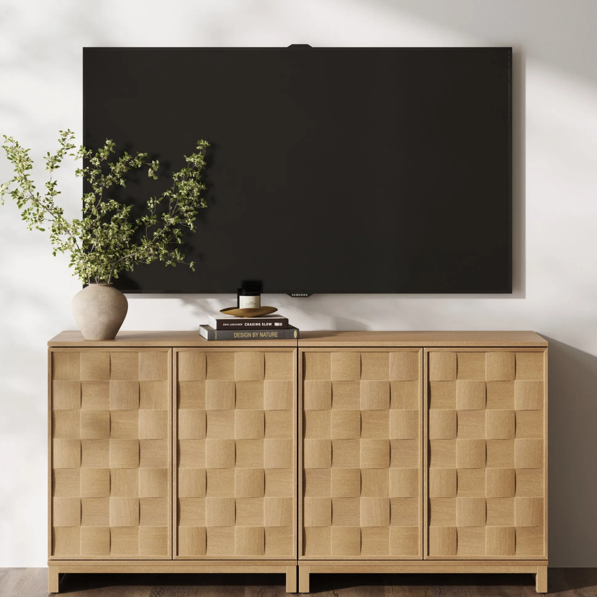 Mid Century Modern Bar Cabinet Credenza with Doors (Set of 2)