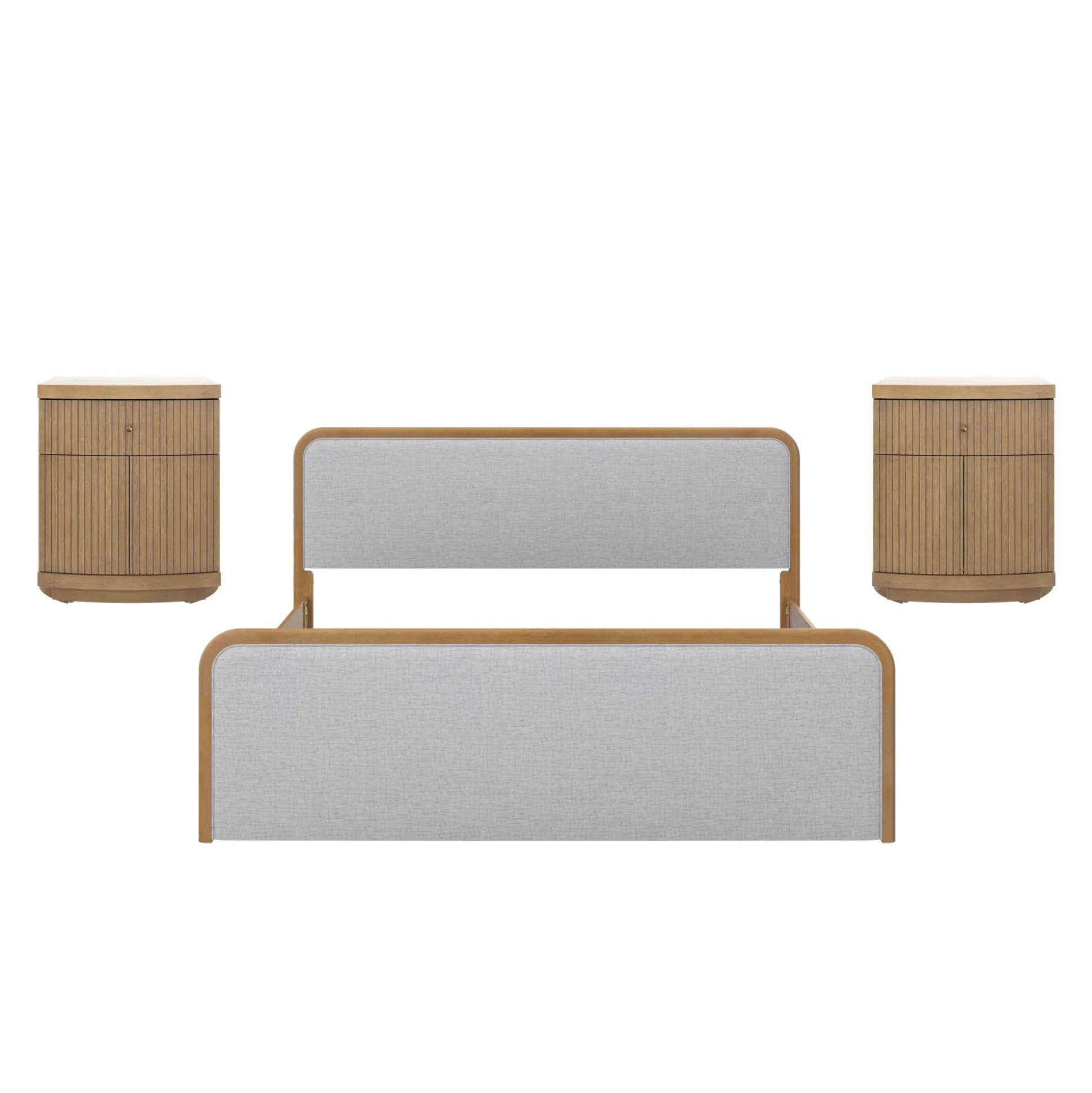 Mid Century Modern Bedroom Set with King Bed Frame and 2 Fluted Nightstands Gray/Light Brown