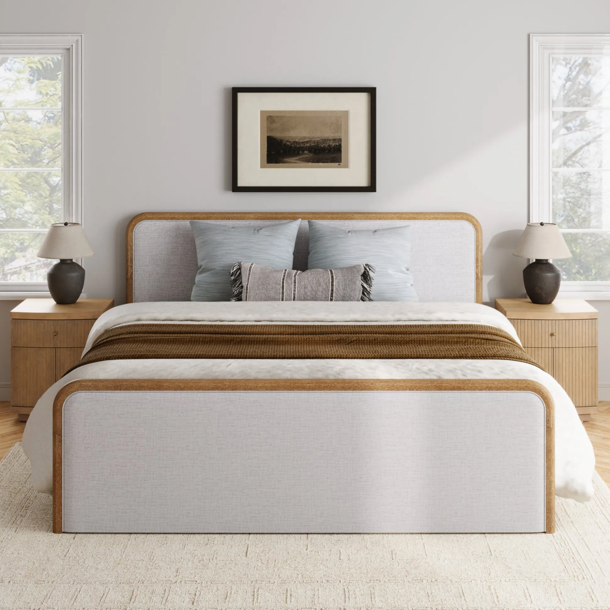 Mid Century Modern Bedroom Set with King Bed Frame and 2 Fluted Nightstands Gray/Light Brown