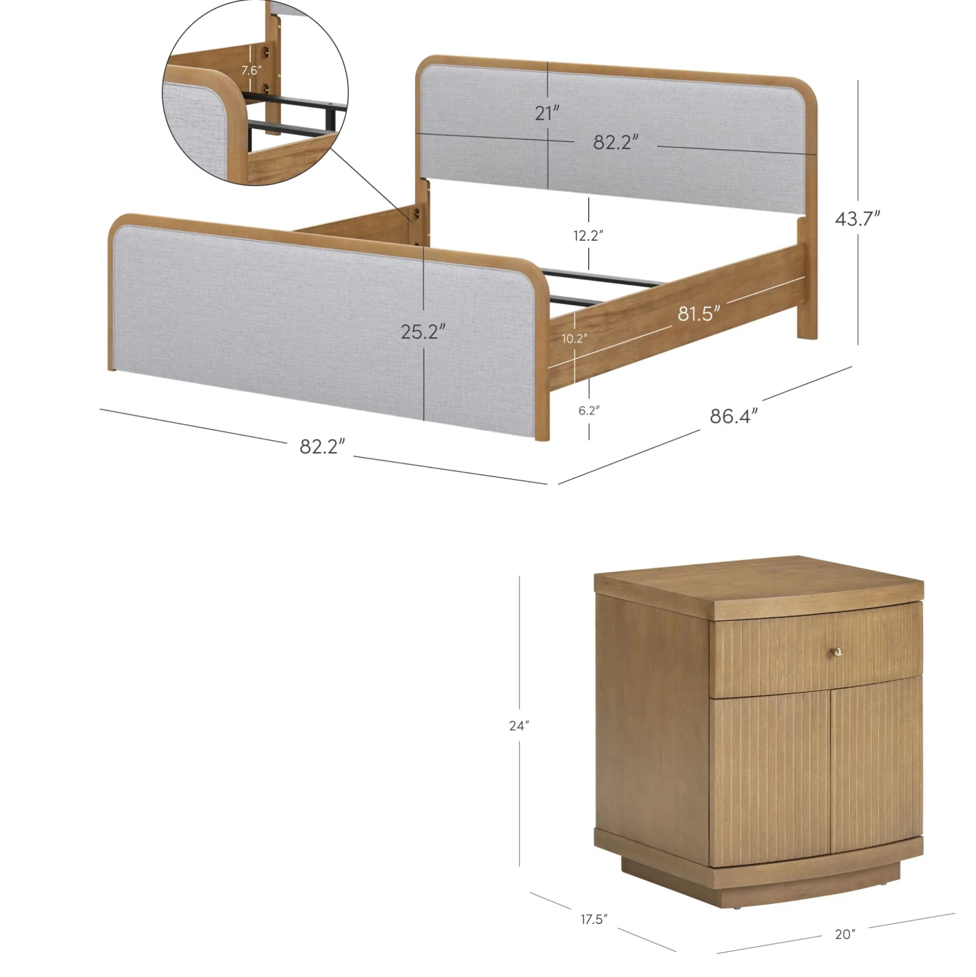 Mid Century Modern Bedroom Set with King Bed Frame and 2 Fluted Nightstands Gray/Light Brown