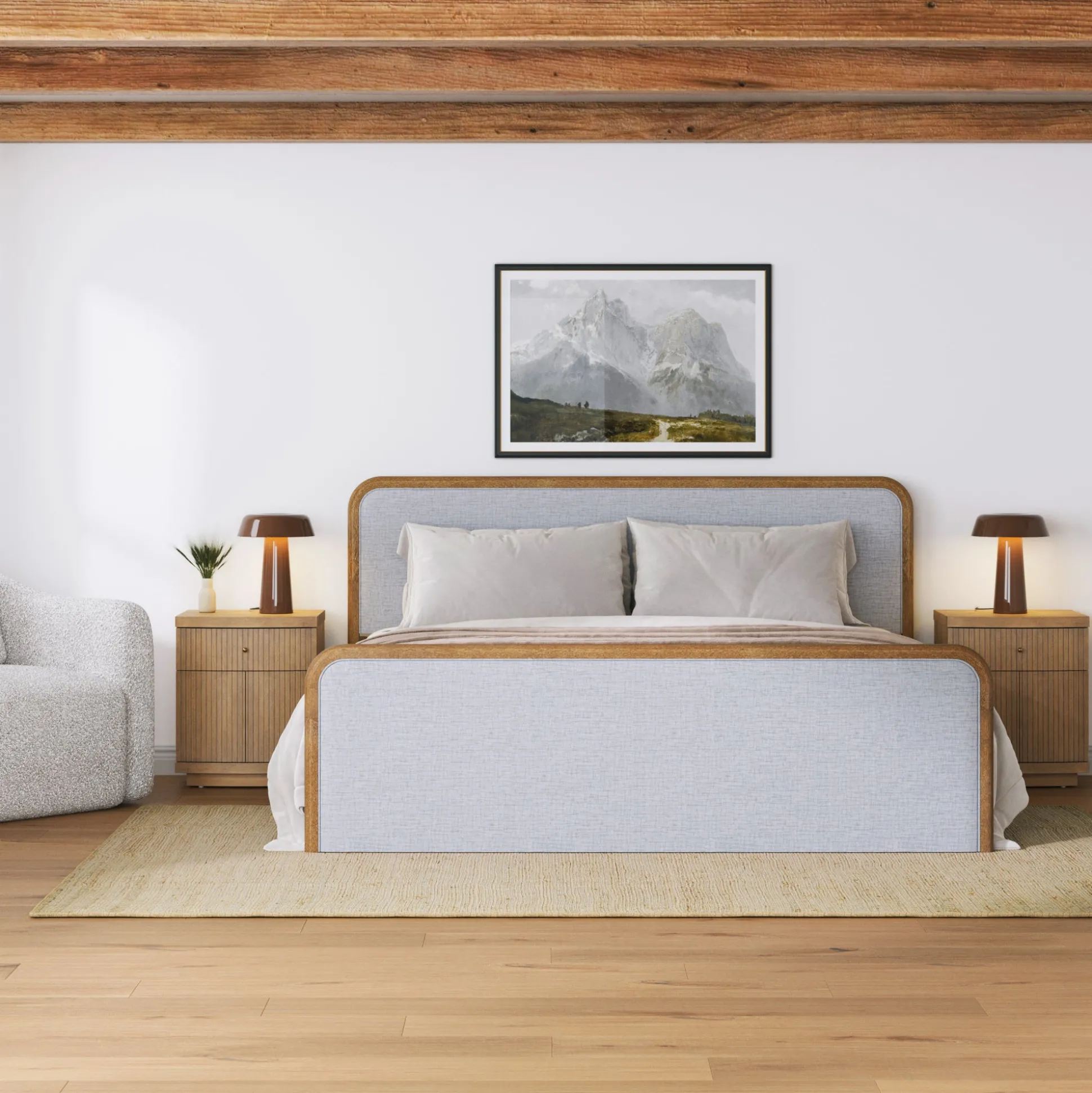 Mid Century Modern Bedroom Set with King Bed Frame and 2 Fluted Nightstands Gray/Light Brown