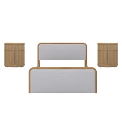Mid Century Modern Bedroom Set with Queen Bed Frame and 2 Fluted Nightstands Gray/Light Brown