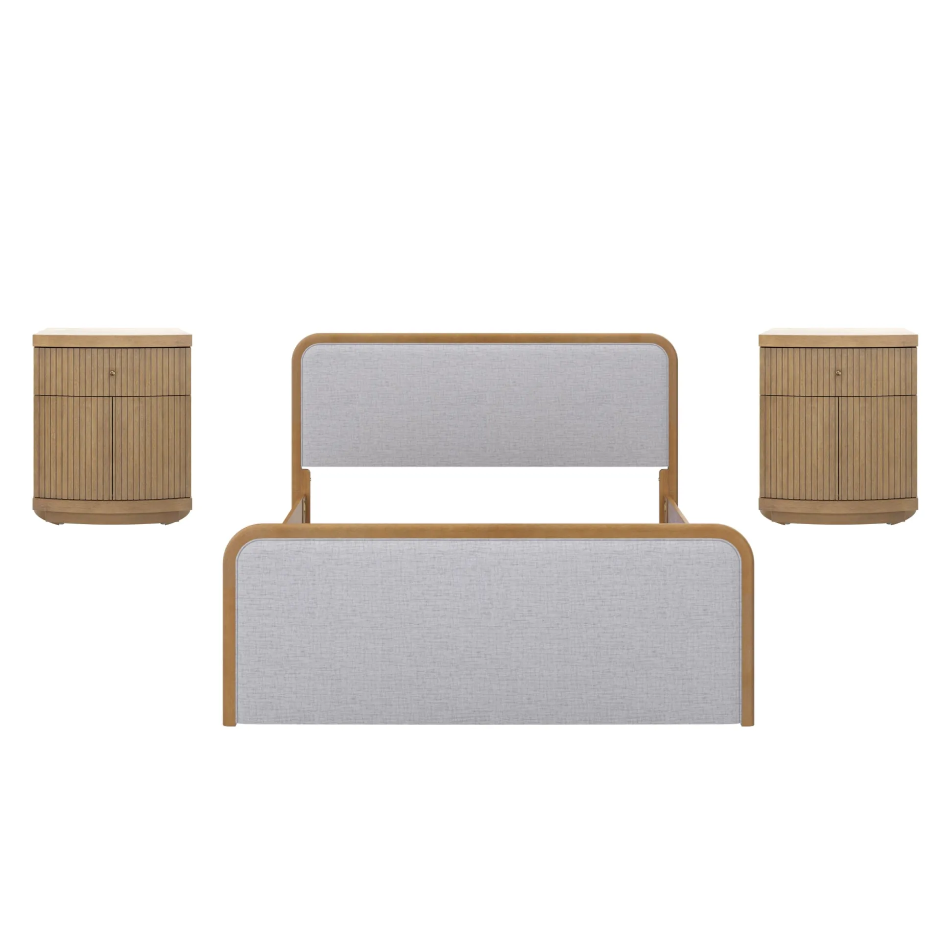 Mid Century Modern Bedroom Set with Queen Bed Frame and 2 Fluted Nightstands Gray/Light Brown