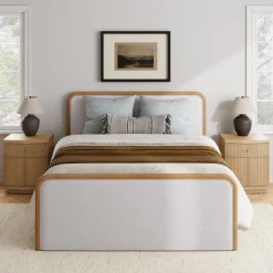 Mid Century Modern Bedroom Set with Queen Bed Frame and 2 Fluted Nightstands Gray/Light Brown