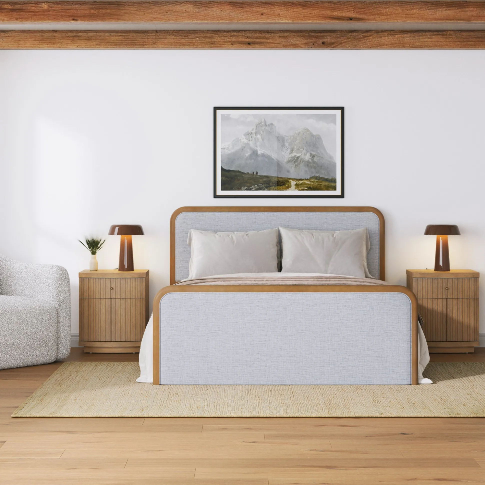 Mid Century Modern Bedroom Set with Queen Bed Frame and 2 Fluted Nightstands Gray/Light Brown