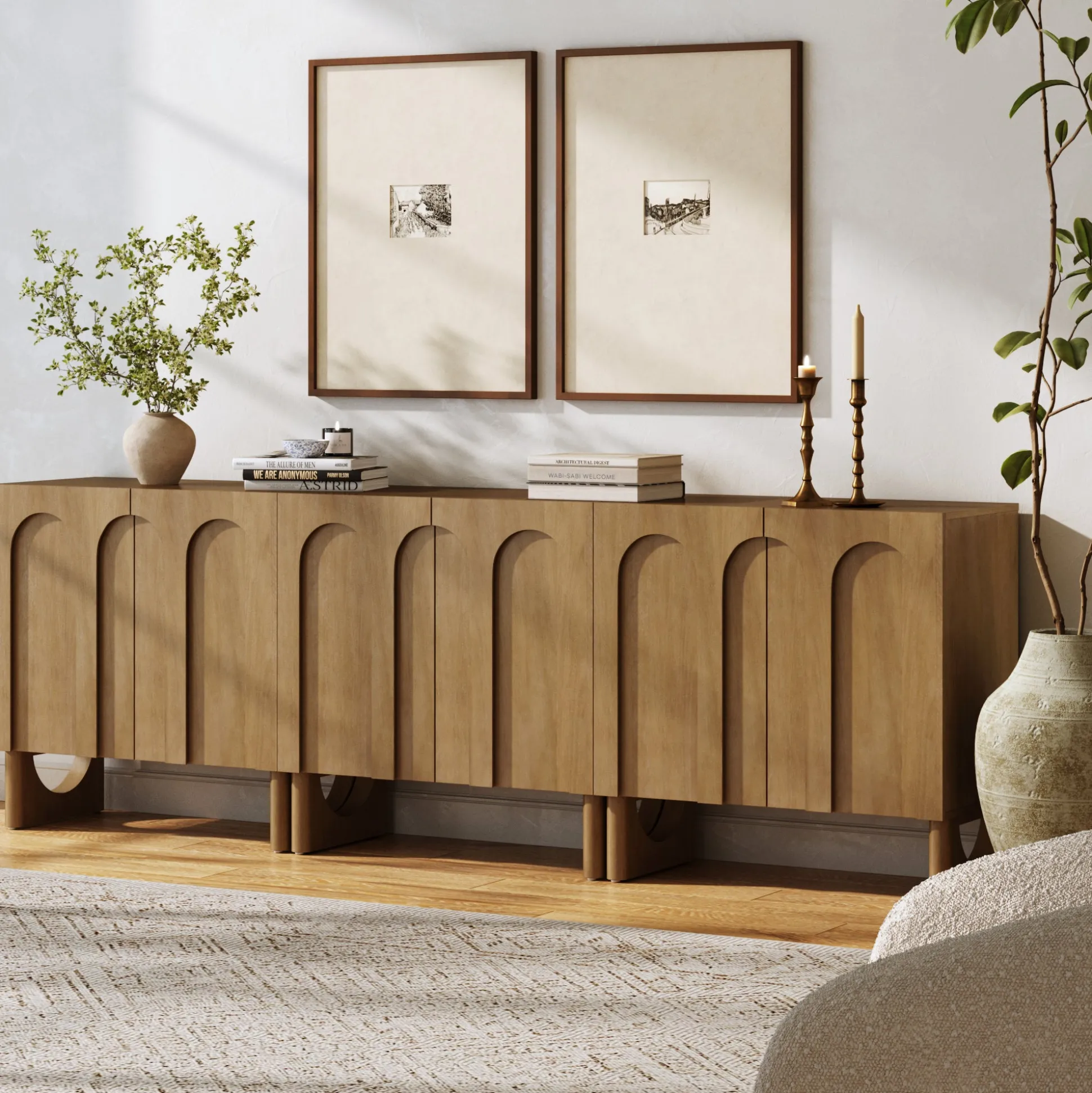 Mid Century Modern Credenza Console Cabinet Light Brown (Set of 3)