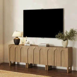 Mid Century Modern Credenza Console Cabinet Light Brown (Set of 3)