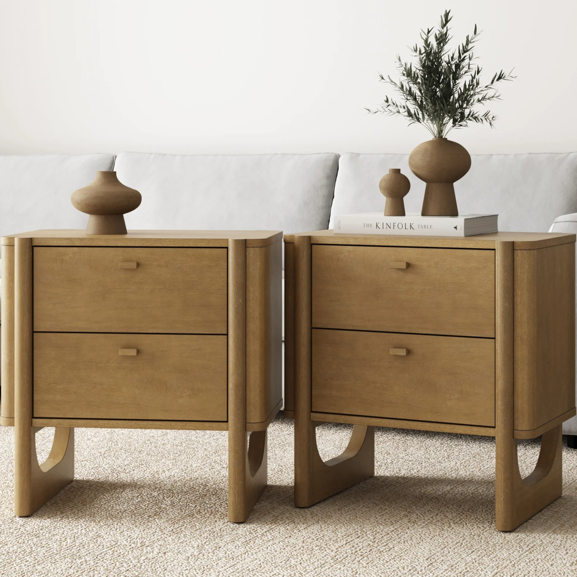 Mid Century Modern 2-Drawer Solid Wood Nightstand Light Brown (Set of 2)