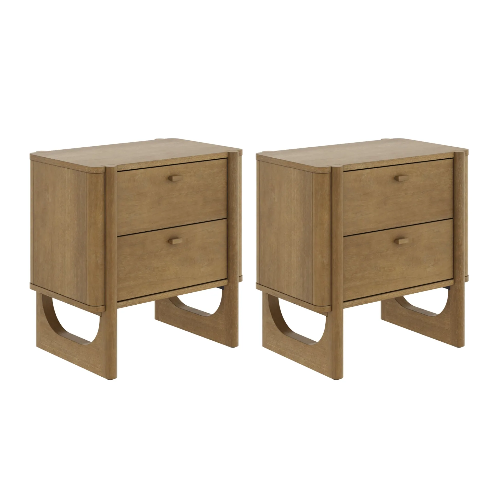 Mid Century Modern 2-Drawer Solid Wood Nightstand Light Brown (Set of 2)