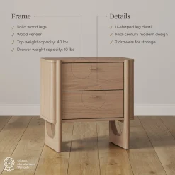 Mid Century Modern 2-Drawer Solid Wood Nightstand Raw Oak (Set of 2)