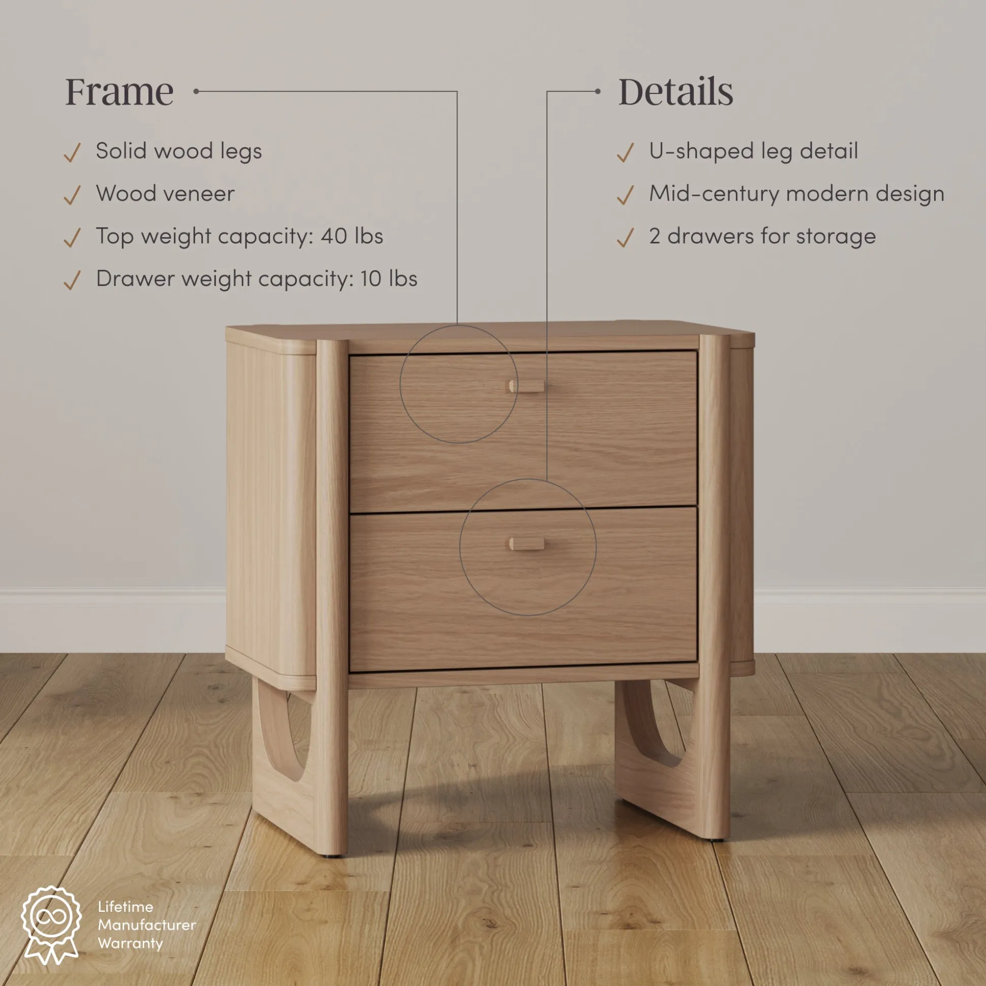 Mid Century Modern 2-Drawer Solid Wood Nightstand Raw Oak