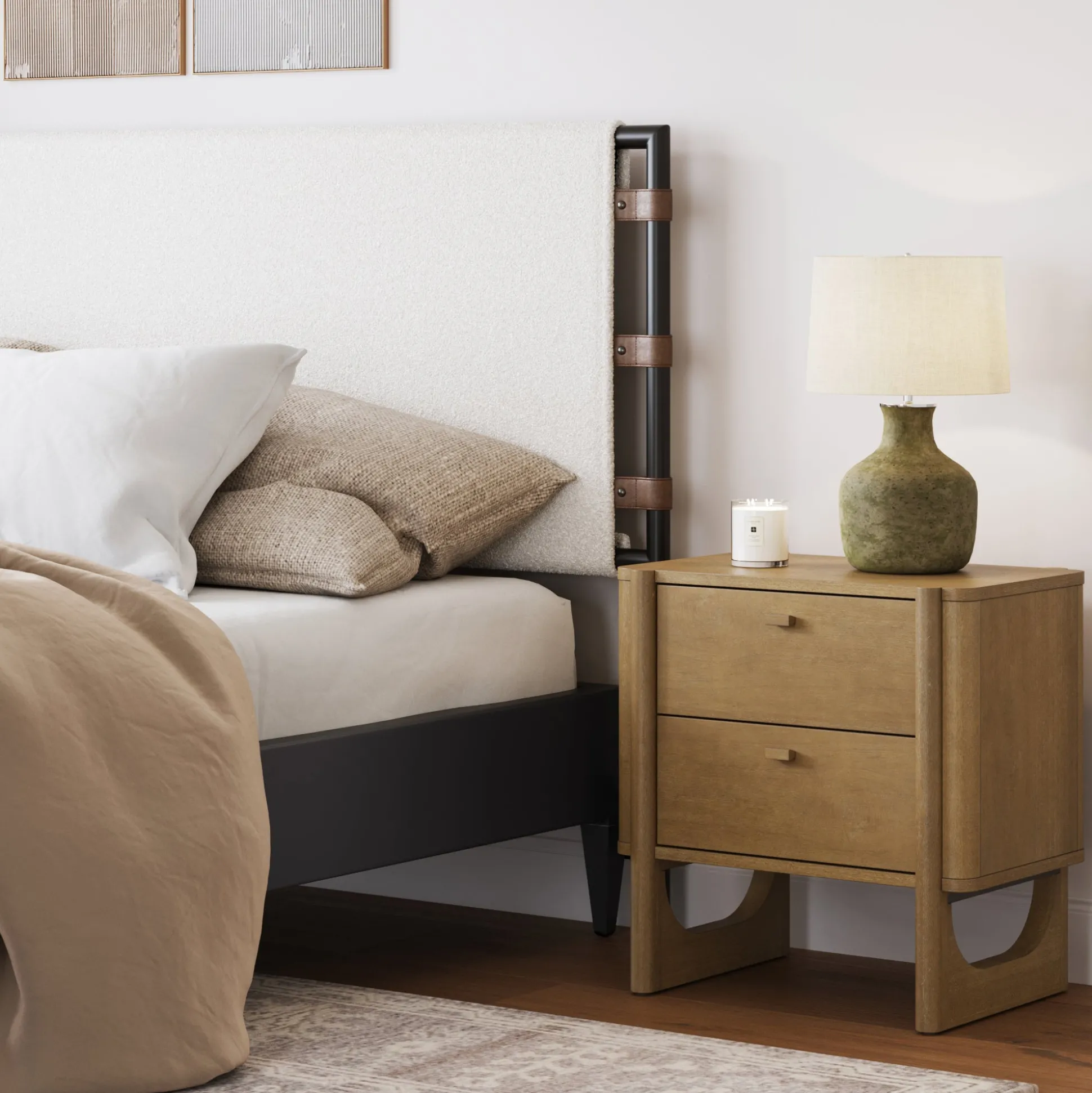 Mid Century Modern 2-Drawer Solid Wood Nightstand Light Brown