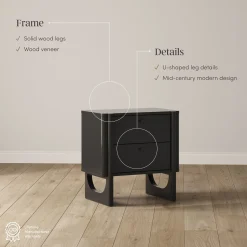 Mid Century Modern 2-Drawer Solid Wood Nightstand Black