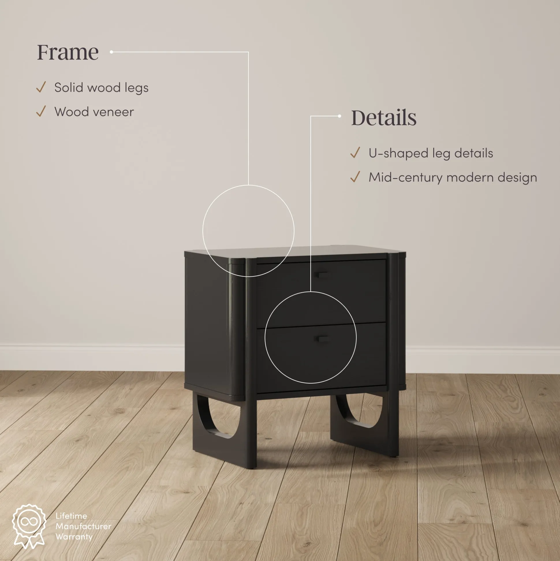 Mid Century Modern 2-Drawer Solid Wood Nightstand Black