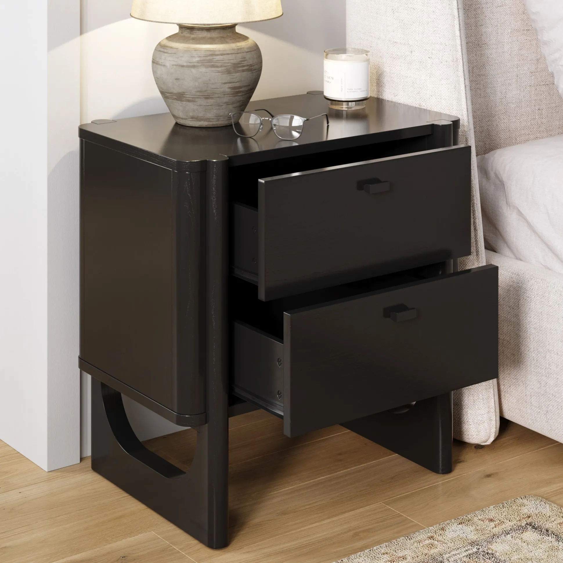 Mid Century Modern 2-Drawer Solid Wood Nightstand Black