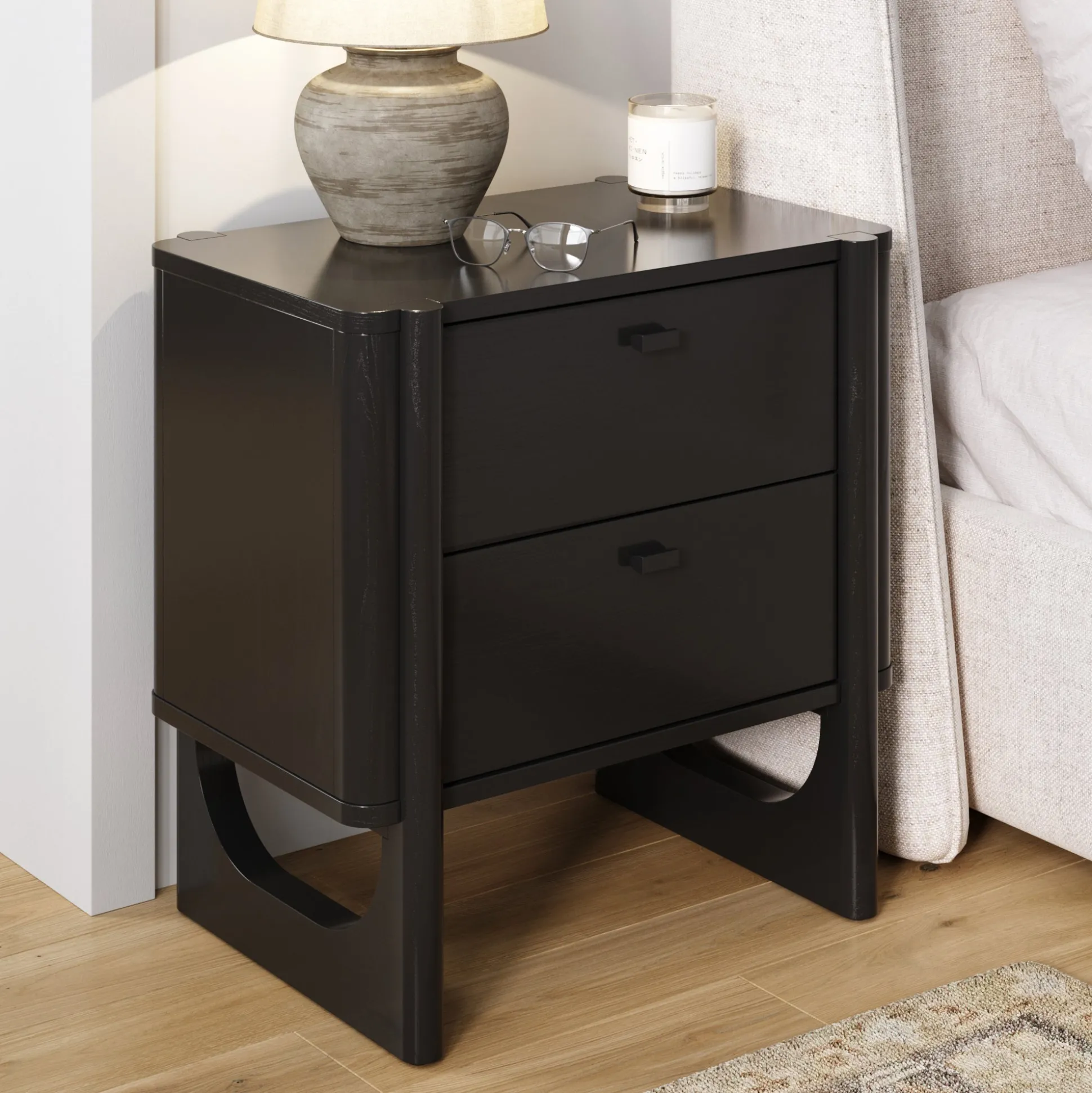 Mid Century Modern 2-Drawer Solid Wood Nightstand Black