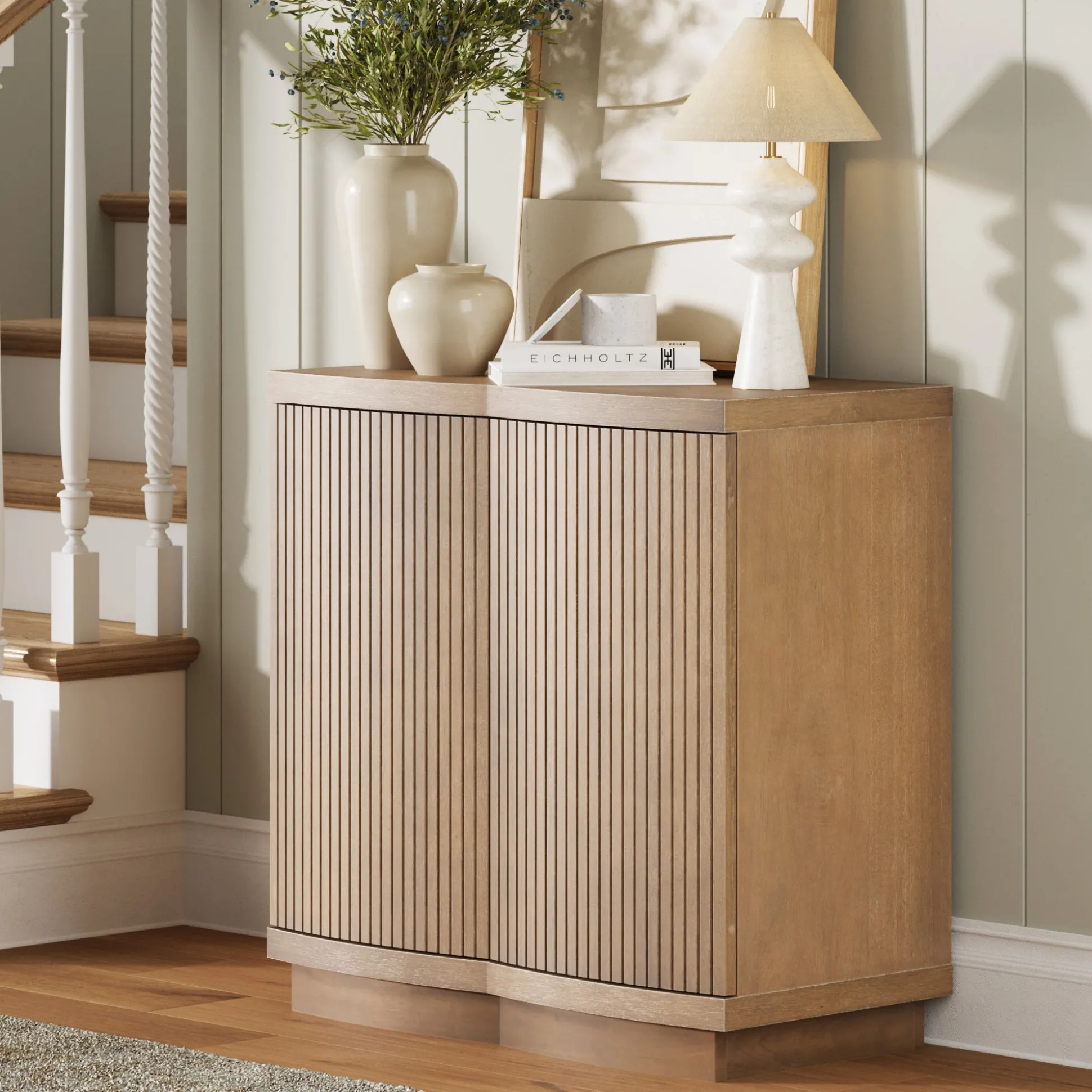 Mid-Century Modern Fluted Accent Cabinet Light Brown