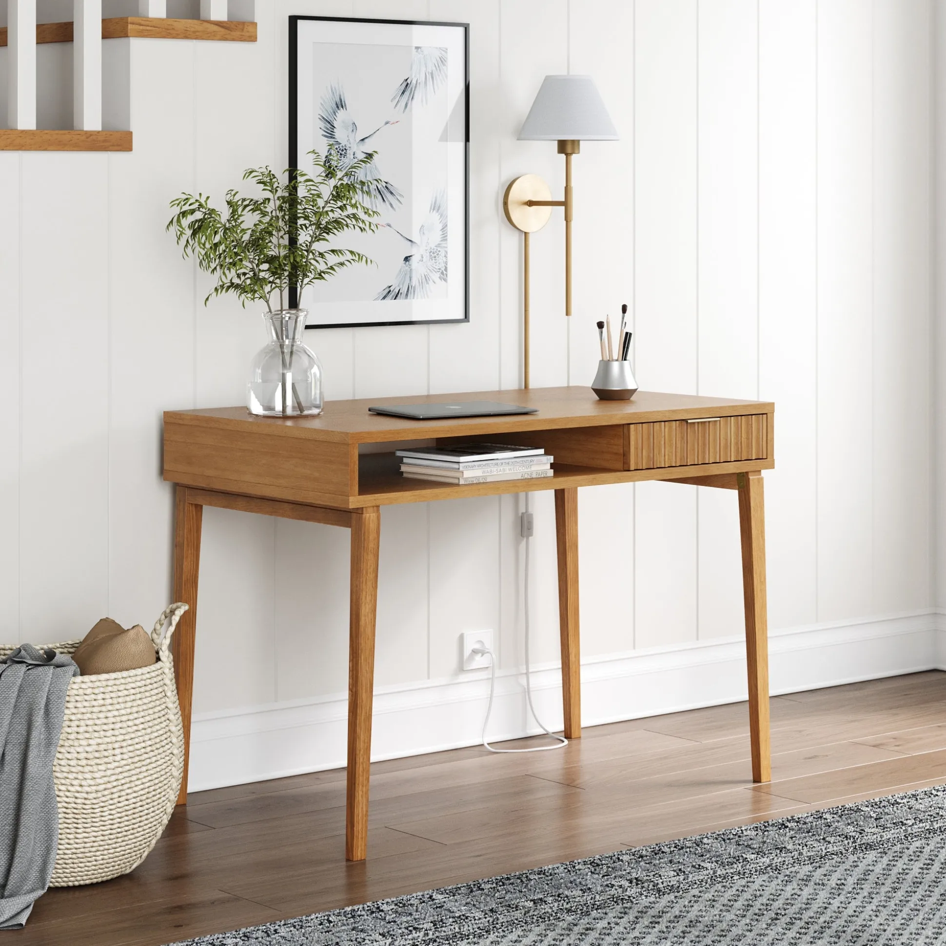 Mid-Century Modern Fluted Desk with Drawer