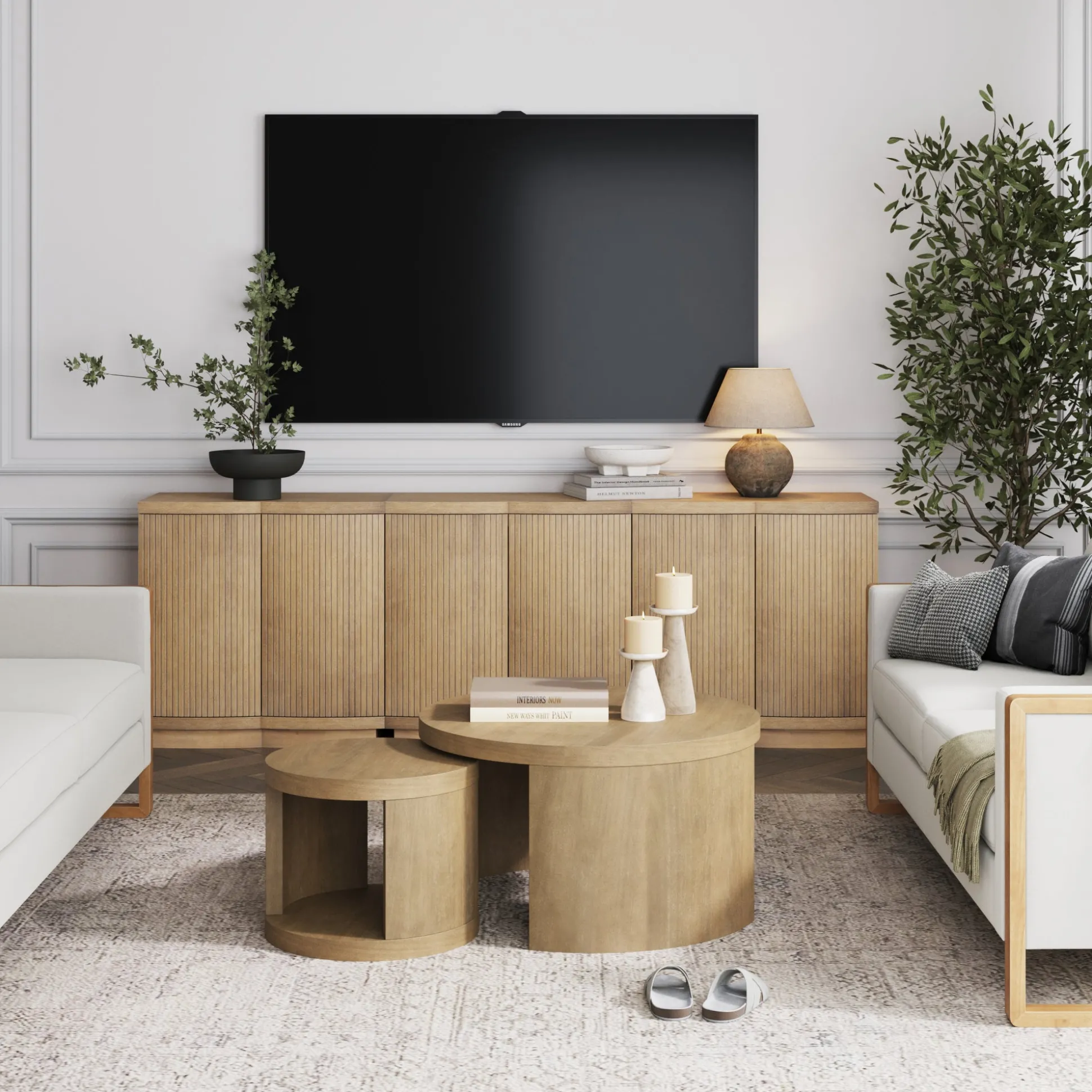 Mid-Century Modern Fluted TV Console Light Brown (for TVs up to 65")