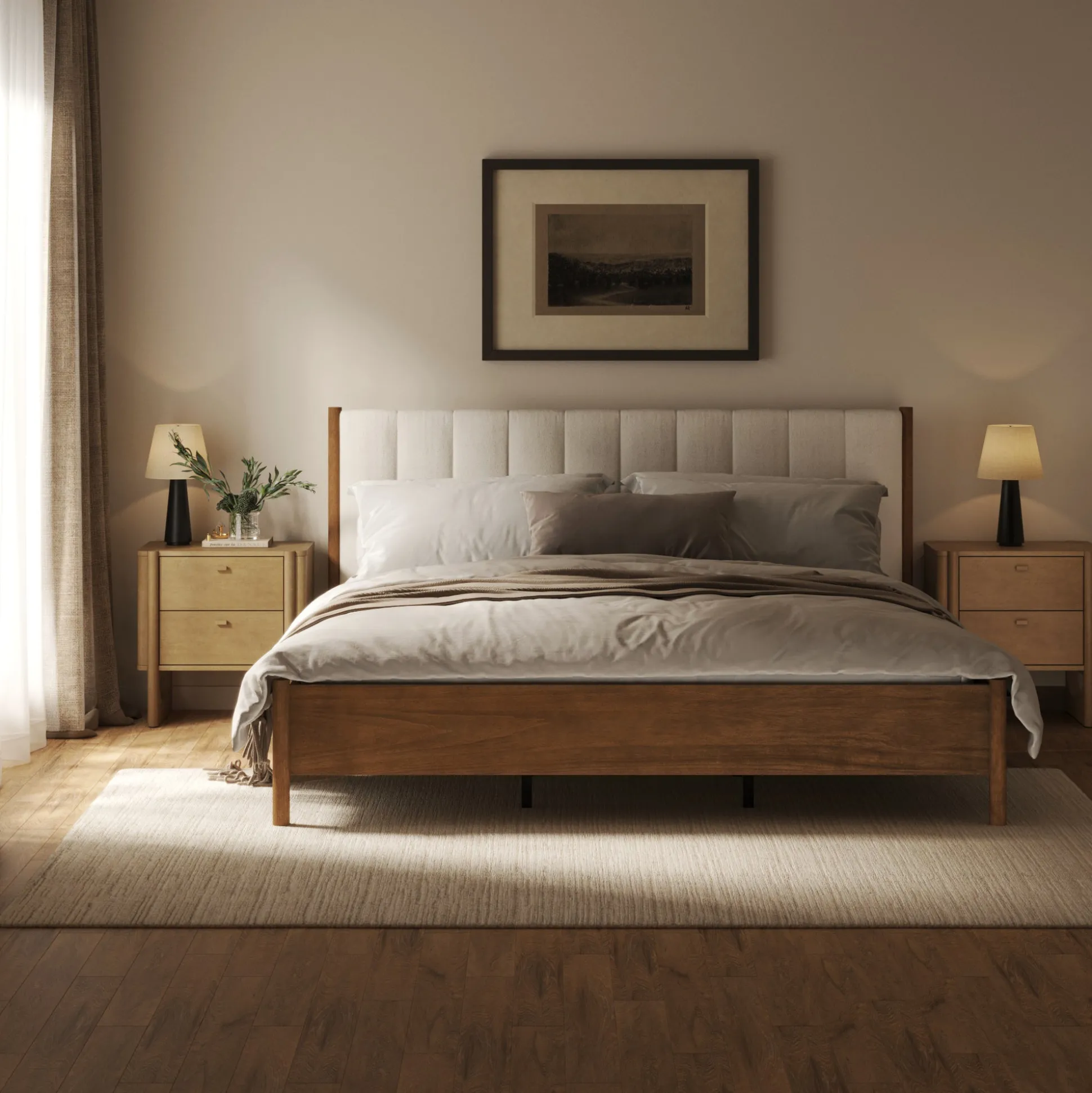 Mid Century Modern King Bed Frame and 2-Drawer Nightstand Set Light Brown