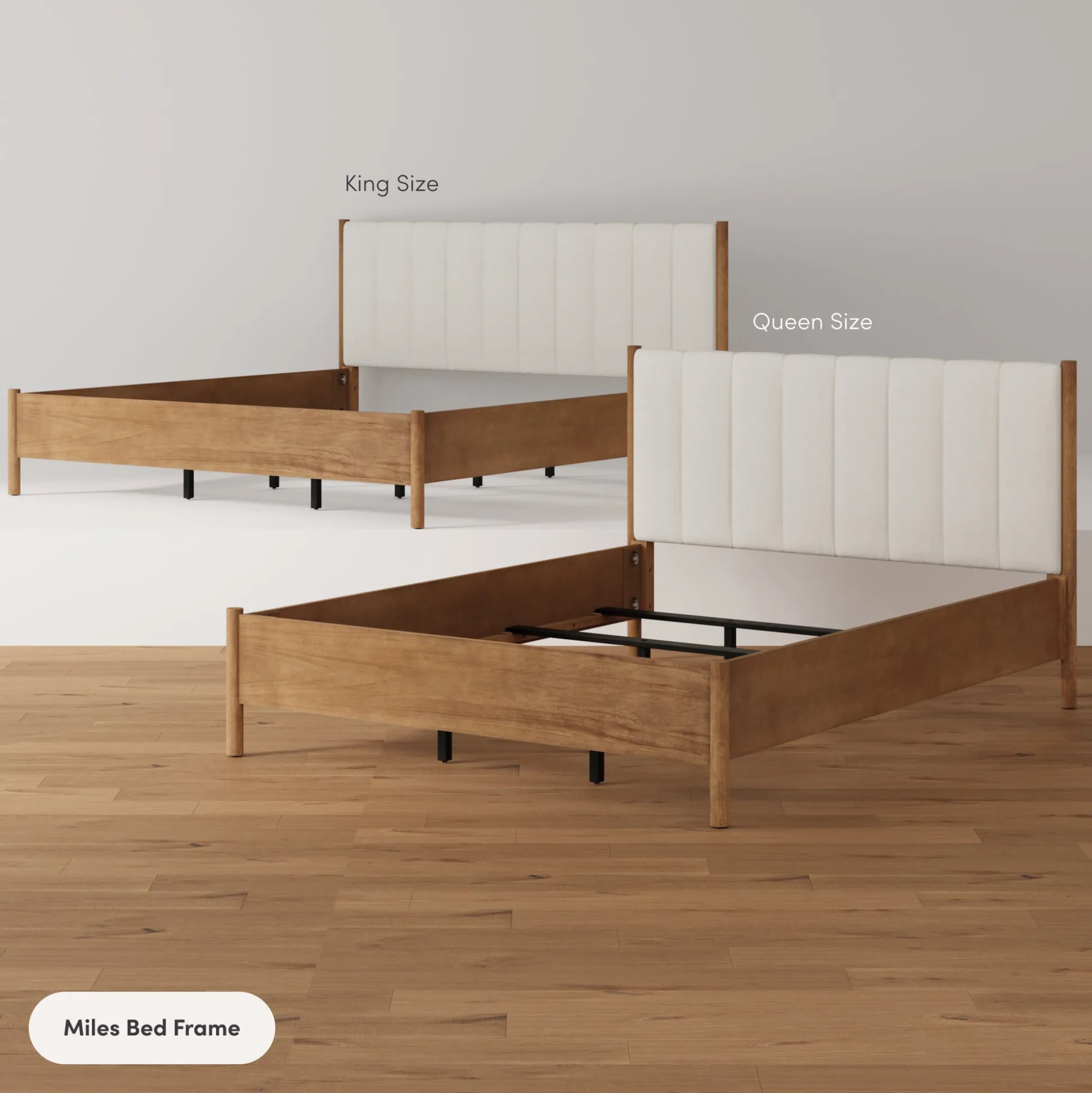 Mid Century Modern King Bed Frame and 2-Drawer Nightstand Set Light Brown