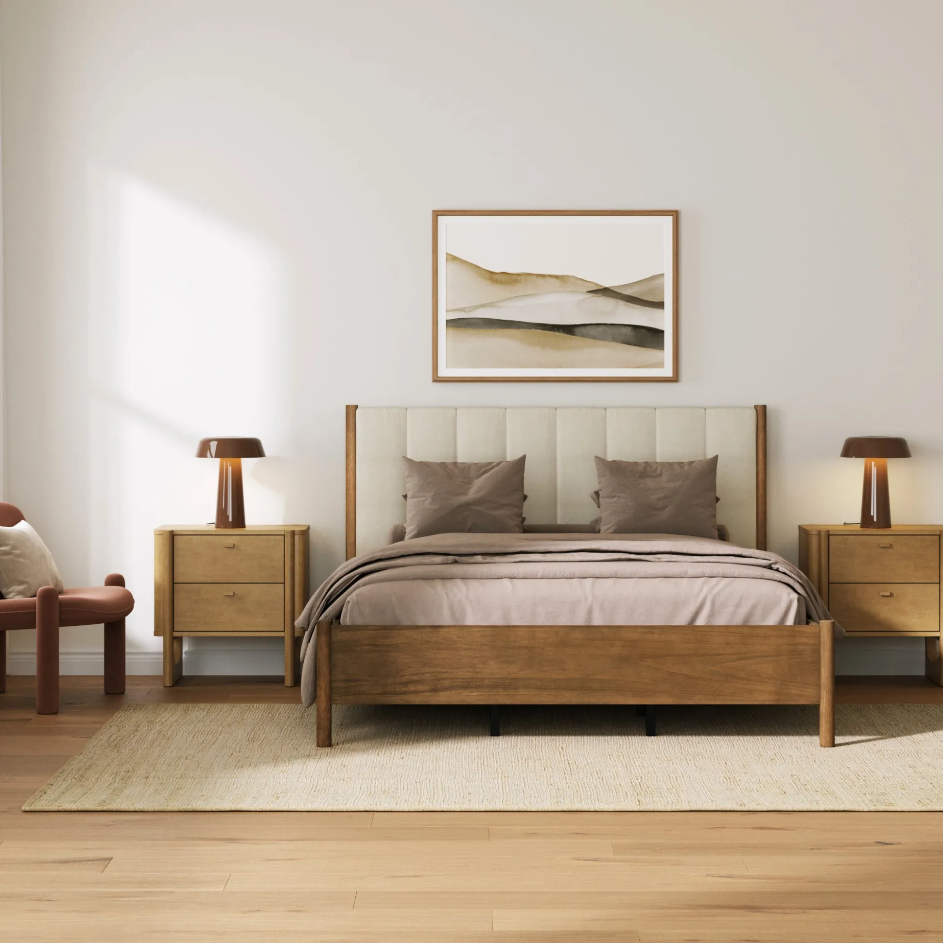 Mid Century Modern Queen Bed Frame and 2 Nightstands Set Light Brown