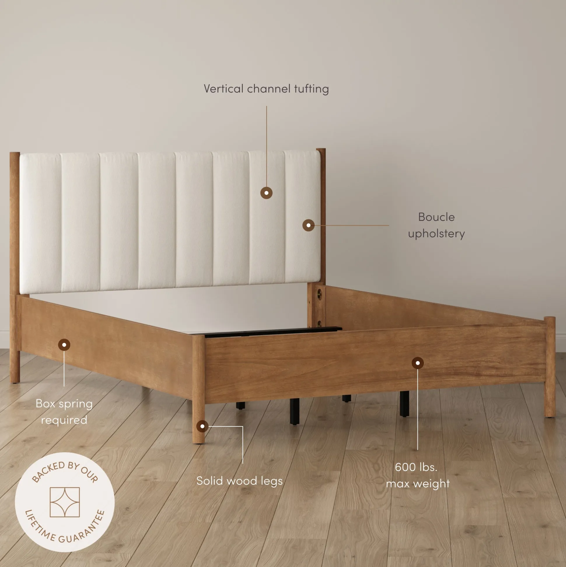 Mid Century Modern Queen Bed Frame and Arched Nightstand Set Light Brown