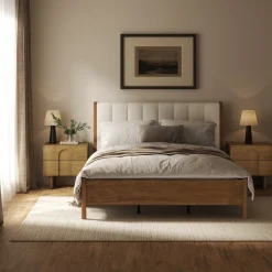 Mid Century Modern Queen Bed Frame and Arched Nightstand Set Light Brown