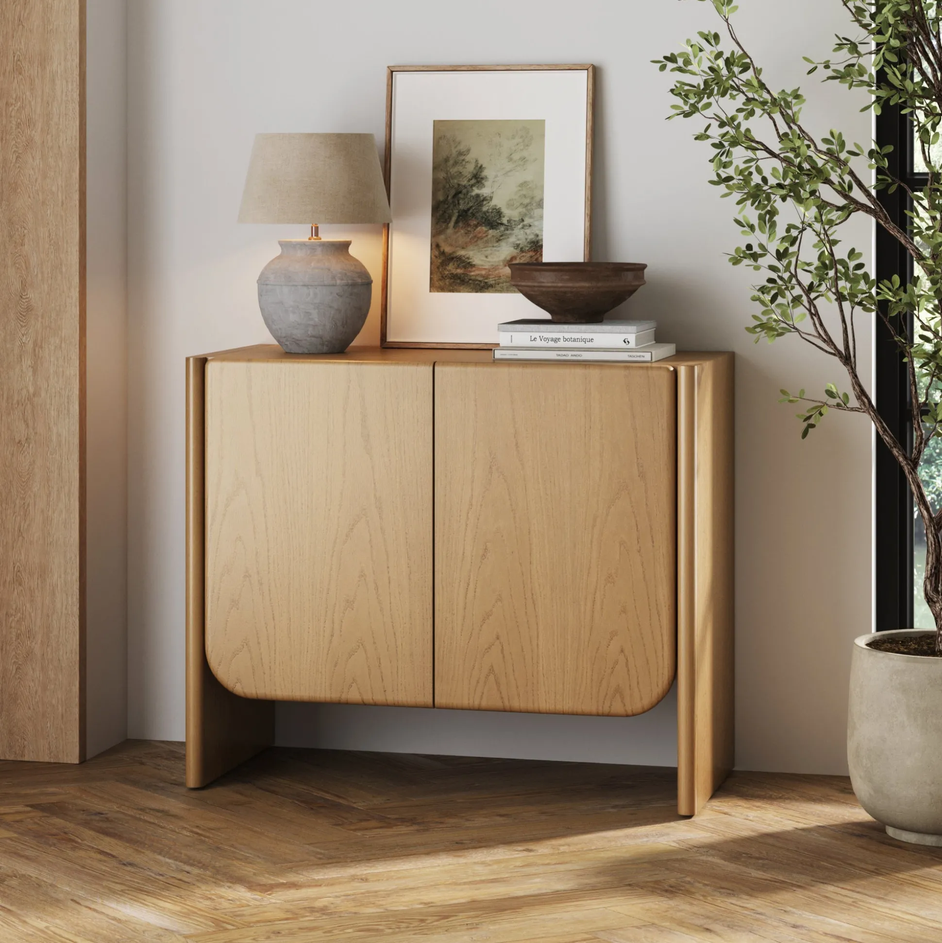 Mid Century Modern Rounded Wood Accent Cabinet Raw Oak