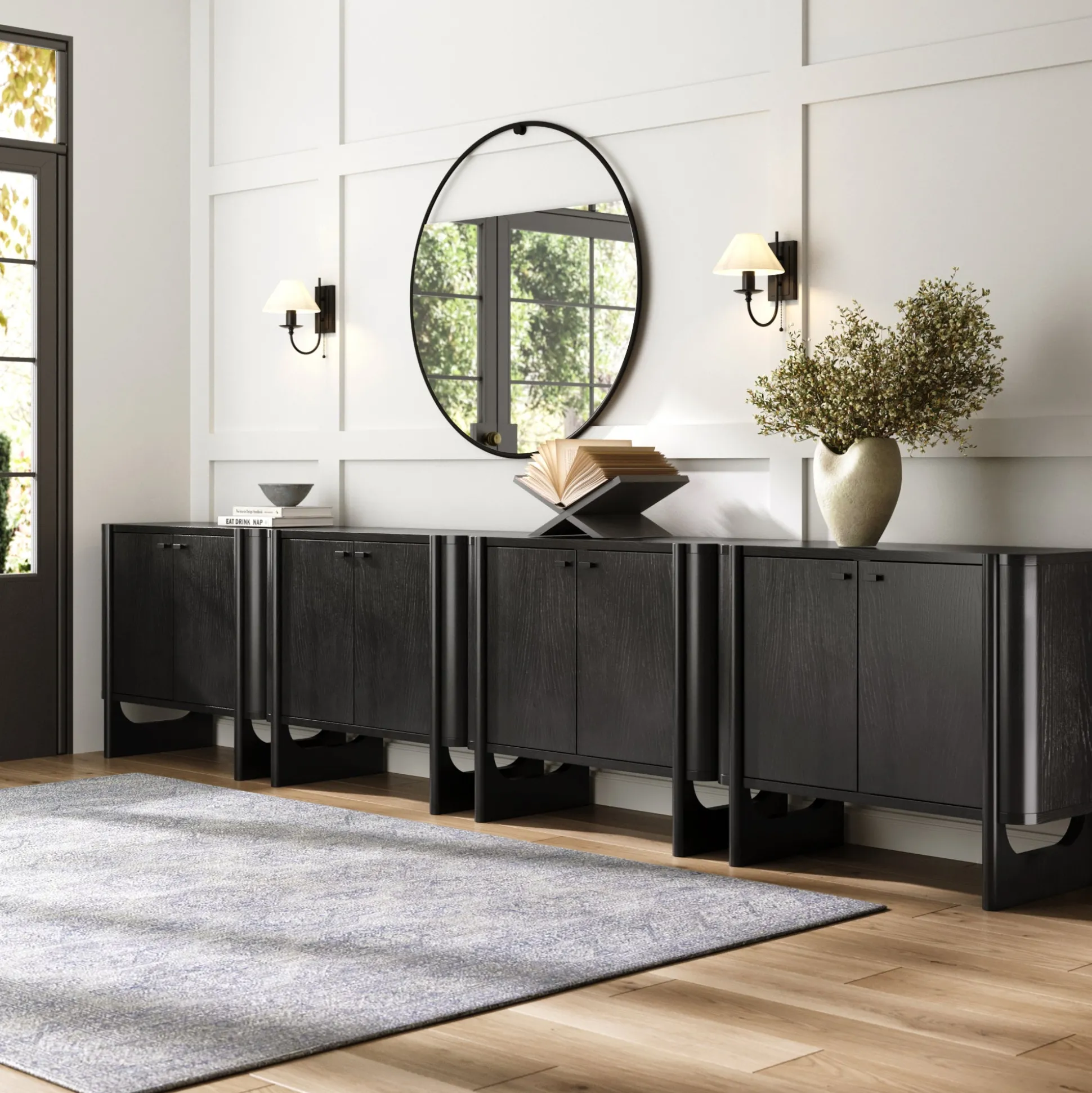 Mid-Century Modern Solid Wood Large Kitchen Credenza Black (Set of 4)