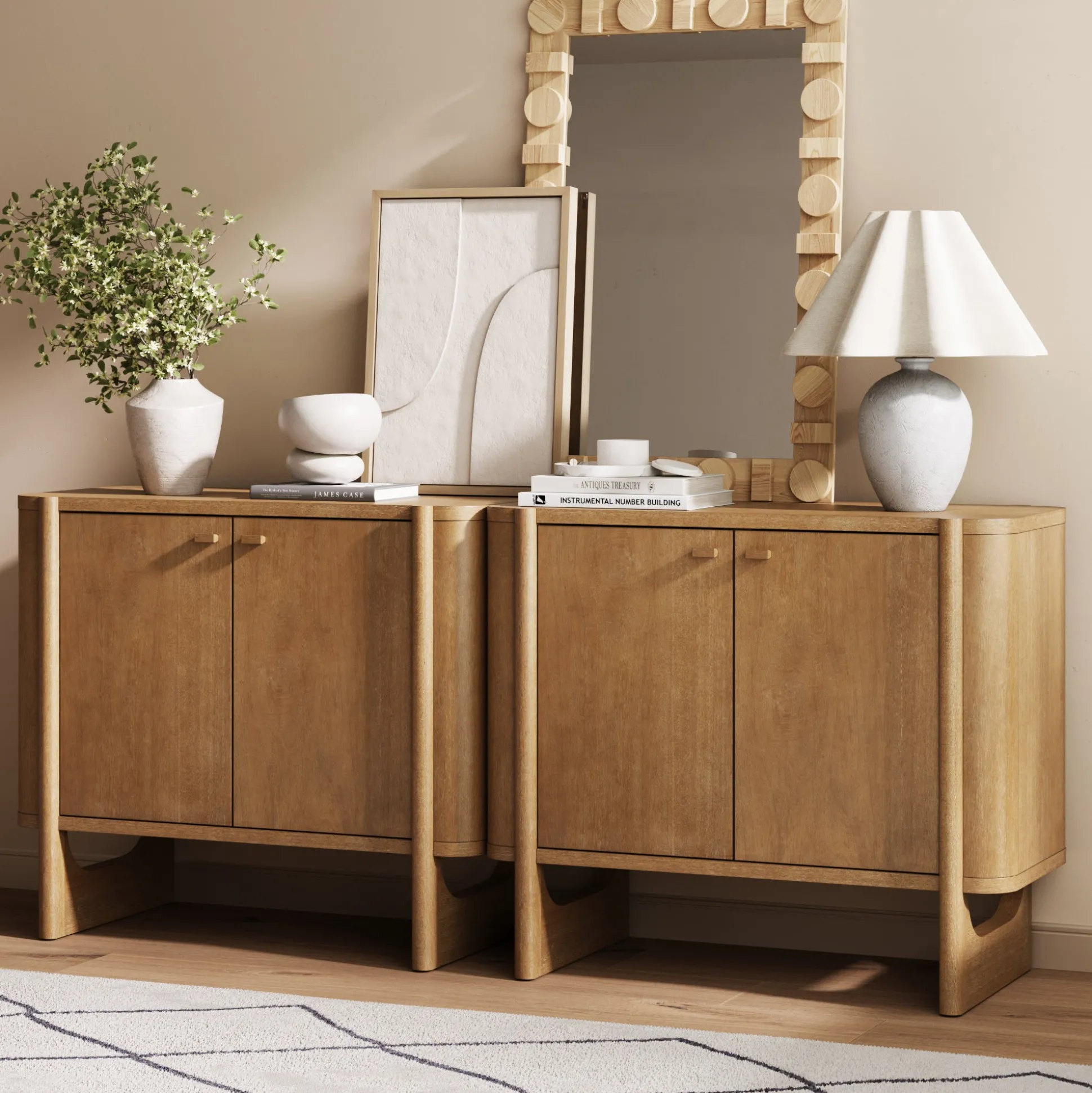 Mid-Century Modern Solid Wood Accent Cabinet Credenza Light Brown (Set of 2)