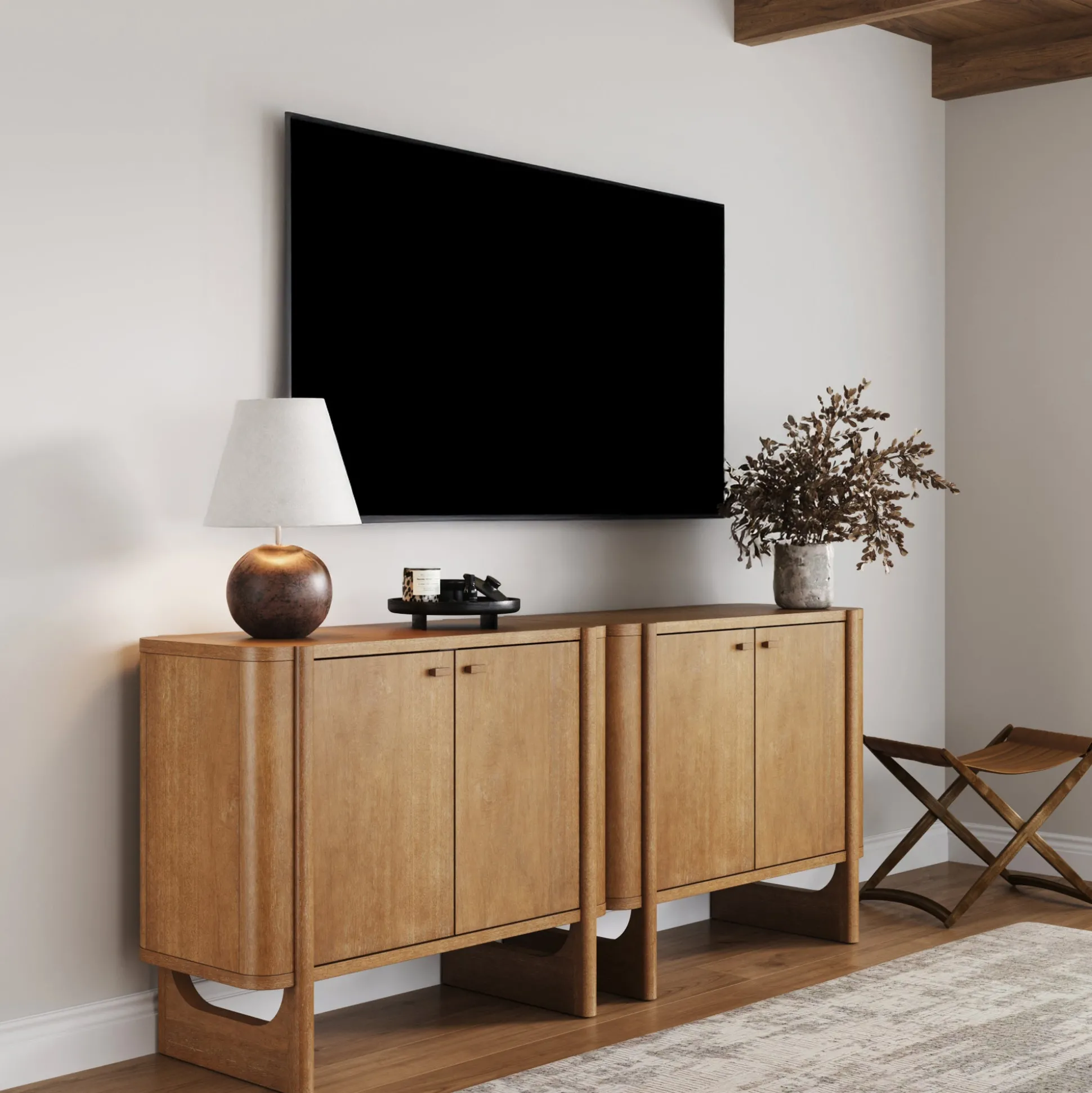 Mid-Century Modern Solid Wood Accent Cabinet Credenza Light Brown (Set of 2)