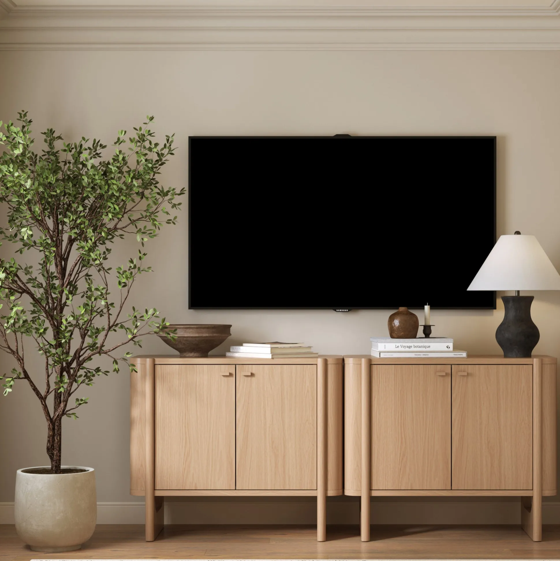 Mid-Century Modern Solid Wood Accent Cabinet Credenza Raw Oak (Set of 2)