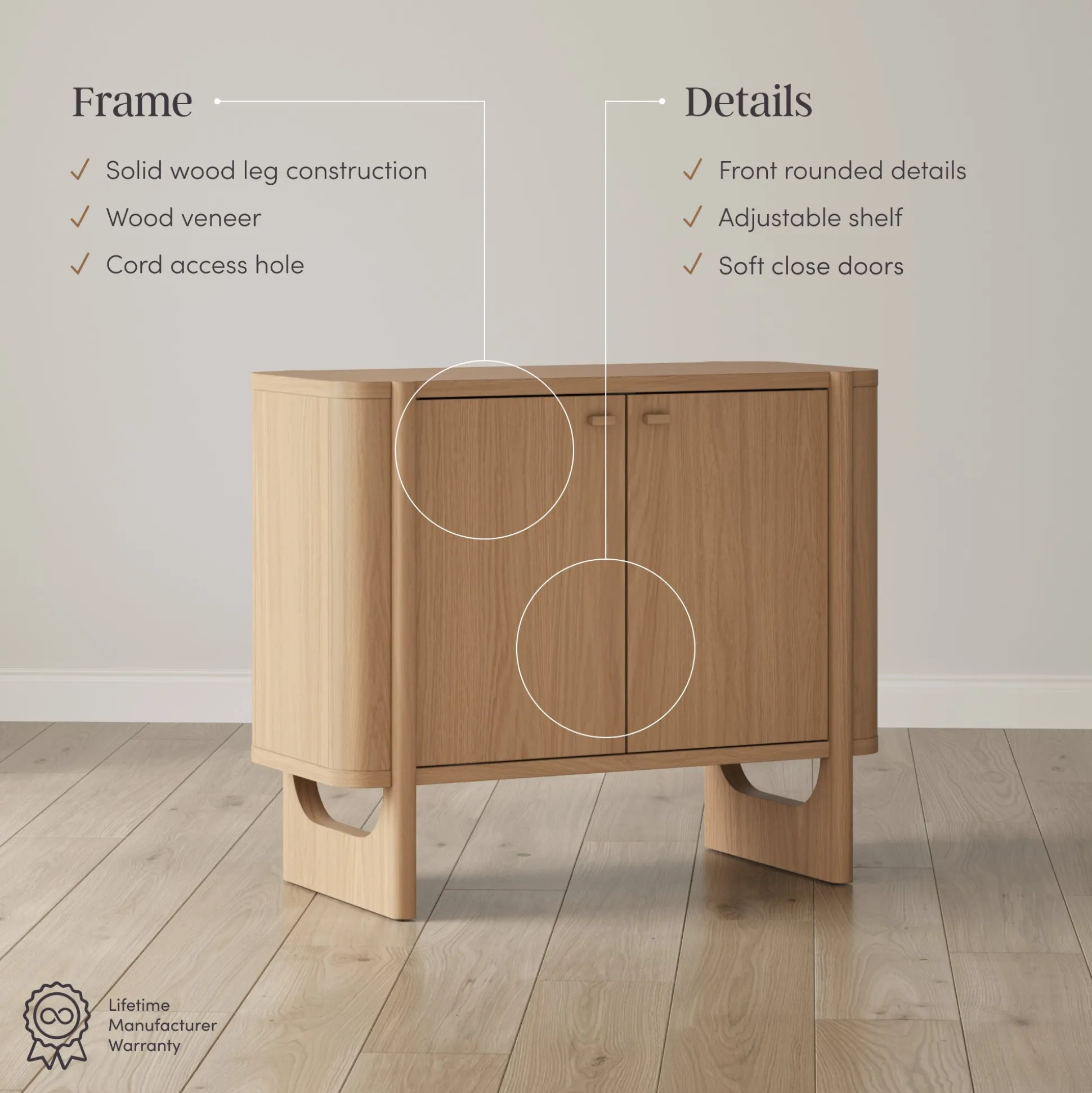 Mid-Century Modern Solid Wood Accent Cabinet Credenza Raw Oak (Set of 2)