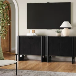 Mid-Century Modern Solid Wood Accent Cabinet Credenza Black (Set of 2)
