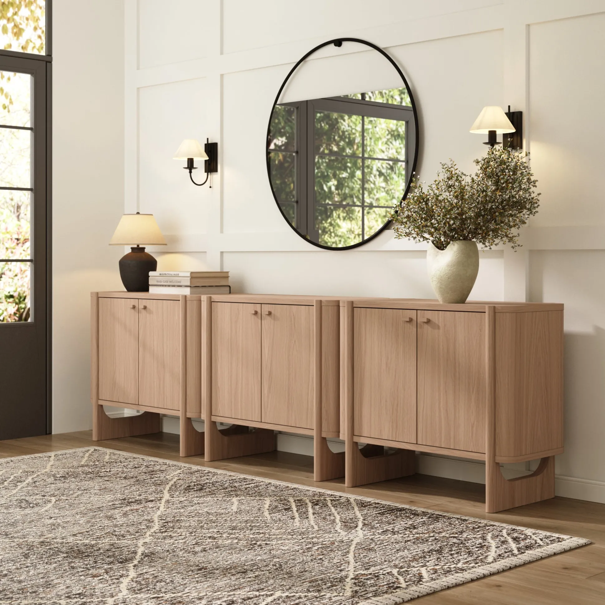 Mid-Century Modern Solid Wood Accent Cabinet Credenza Raw Oak (Set of 3)