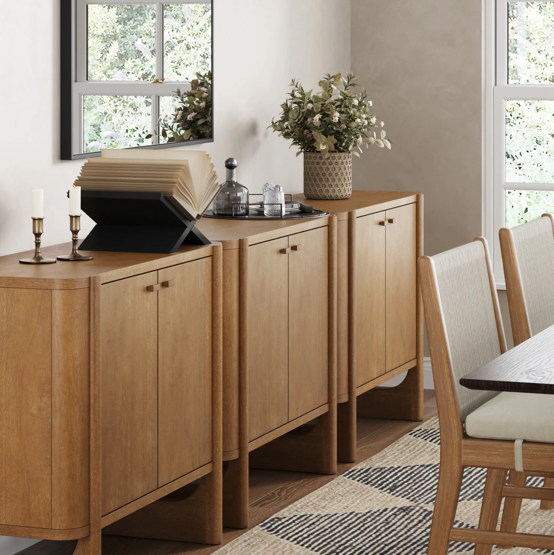 Mid-Century Modern Solid Wood Accent Cabinet Credenza Light Brown (Set of 3)