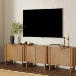 Mid-Century Modern Solid Wood Accent Cabinet Credenza Light Brown (Set of 3)